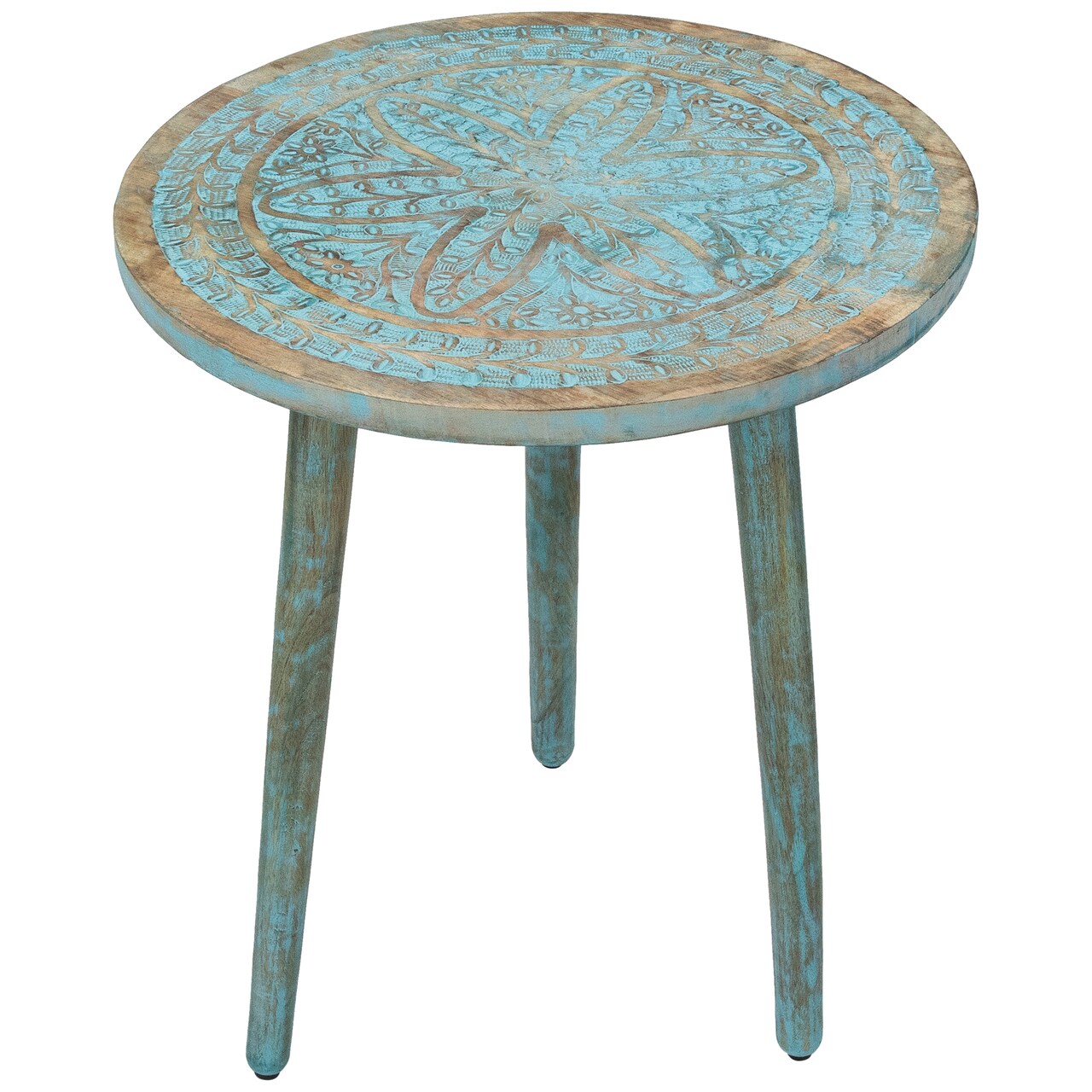Northlight 22" Antique Blue Engraved Wooden Tri Leg Round Side Table